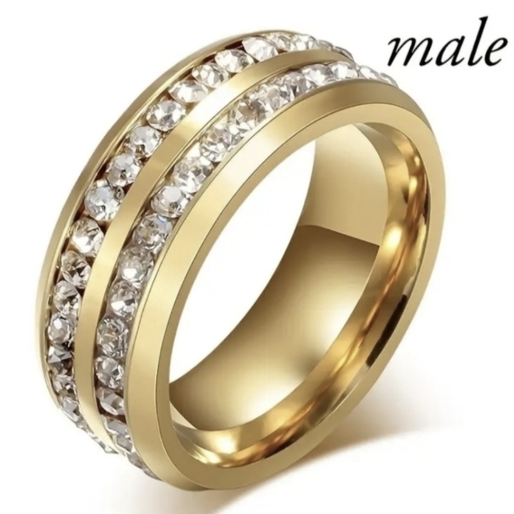 Men’s Gold Tone CZ Band Ring | Double Row Stone Ring | Wedding Band, T1B1A
